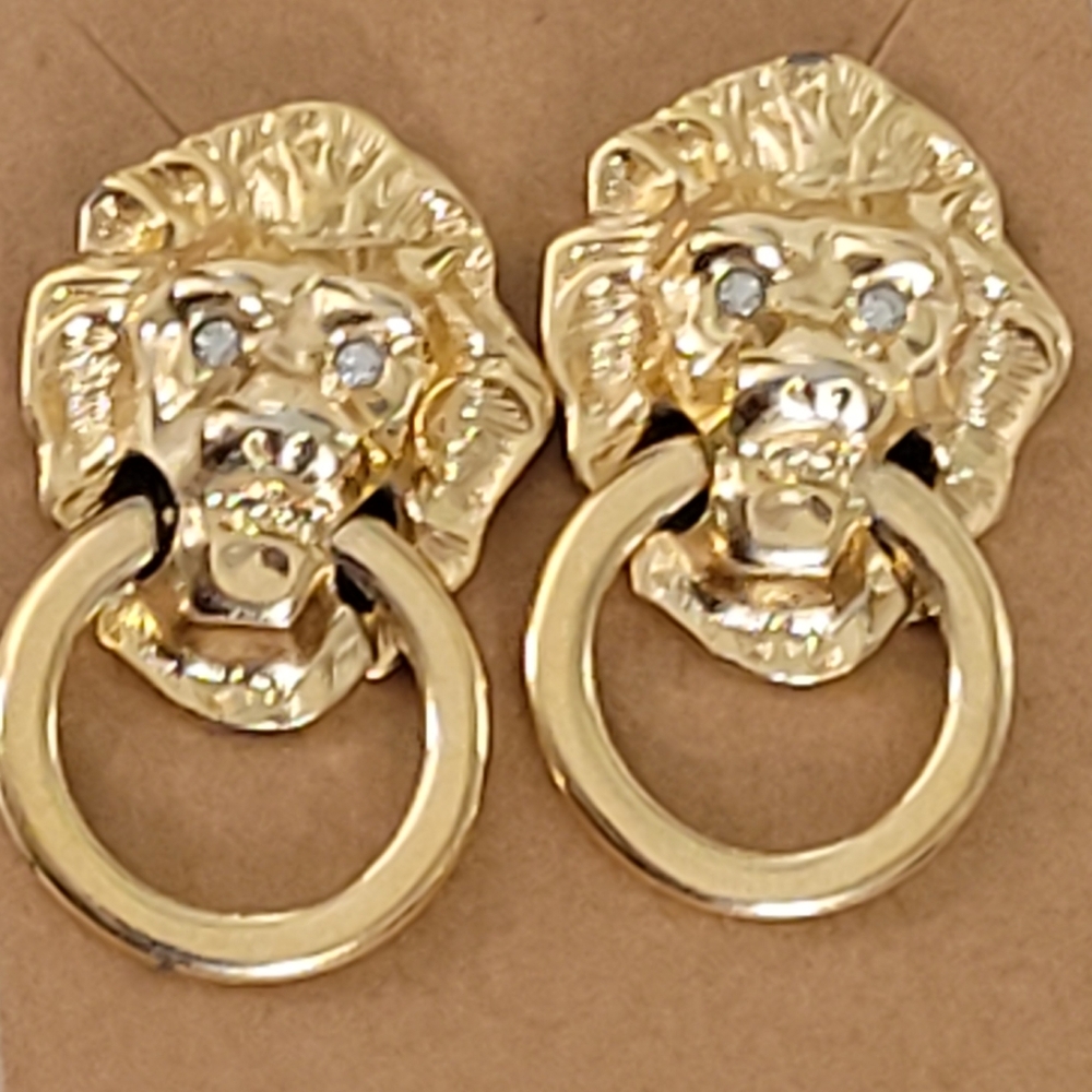 Lion Head Door Knocker Earrings Gold Plated Crystal Eyes KENNETH J LANE x AVON - Picture 3 of 15